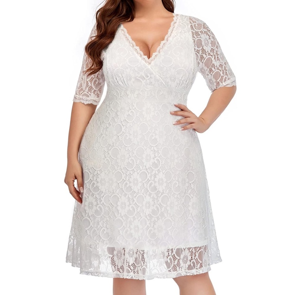 White V-Neck Lace Wedding Dress 16W